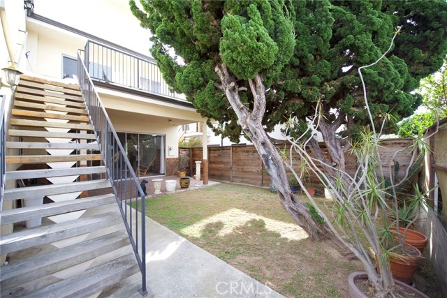View of the back yard, covered patio and the stairway leading to the studio.