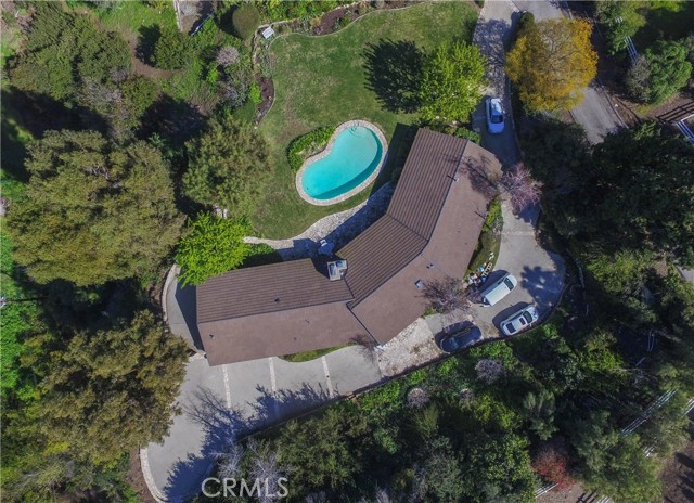 Aerial View of the property showing the long formal driveway and additional parking. Note the flat usability of this over an acre lot with privacy plantings for the barn and corral area farther up the lane.