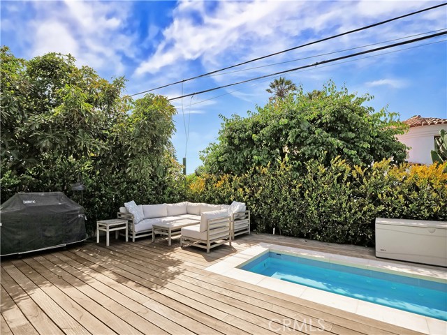 Backyard with "Ipe" wood deck and in-ground spa.
