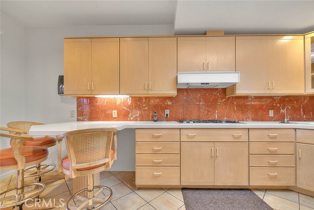 Kitchen Side View. Gas Cooktop. Under Cabinet Lighting.  Breakfast Counter. Easy Care Tile Flooring