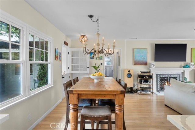 Dining area and living room fireplace