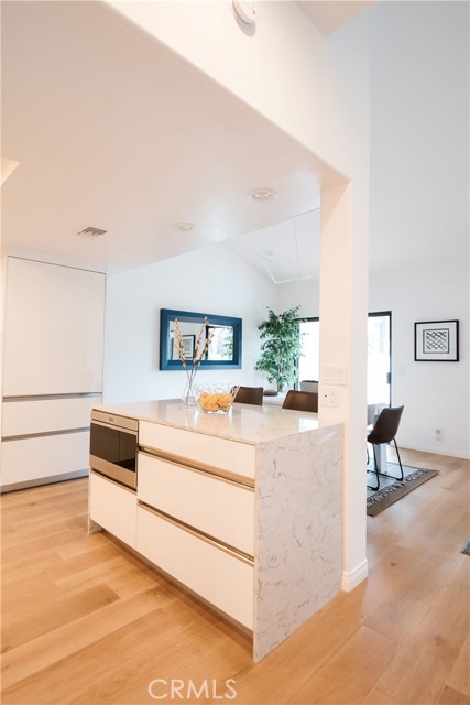 Quartz counter island with stainless wolf microwave and custom gloss white acrylic cabinets