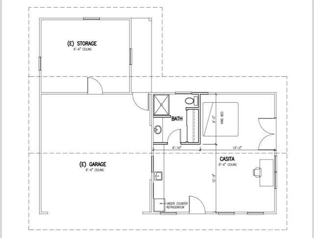The ADU is attached to the side of the garage. There is also a large storage area behind the garage. This floor plan for reference only.
