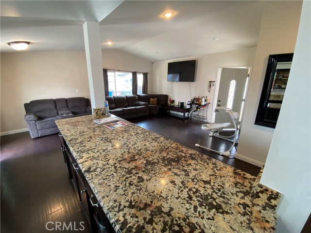 The island provides extra counter top space.