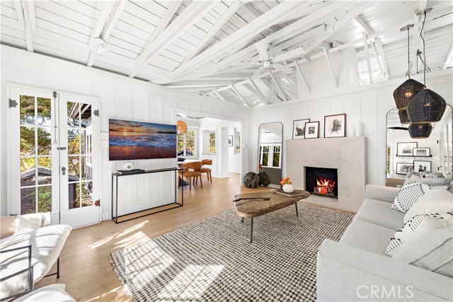 Peaceful dining room with contemporary fireplace