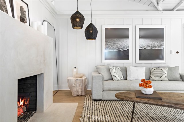 Gorgeously updated living room with cozy fireplace