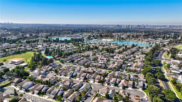 View from directly above facing Springbrook Elementary School, Wildflower Pool and Park and the South Lake.