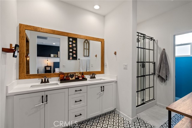 Newer shower door, shelves and door casings