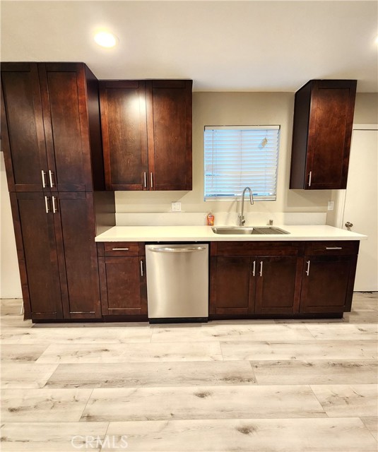 Stainless steel dishwasher and sink.