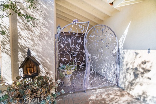 The wrought iron gate and double wooden doors are just a few of the custom touches in this unique home.