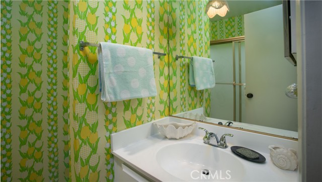 Downstairs Bathroom with cool retro wallpaper