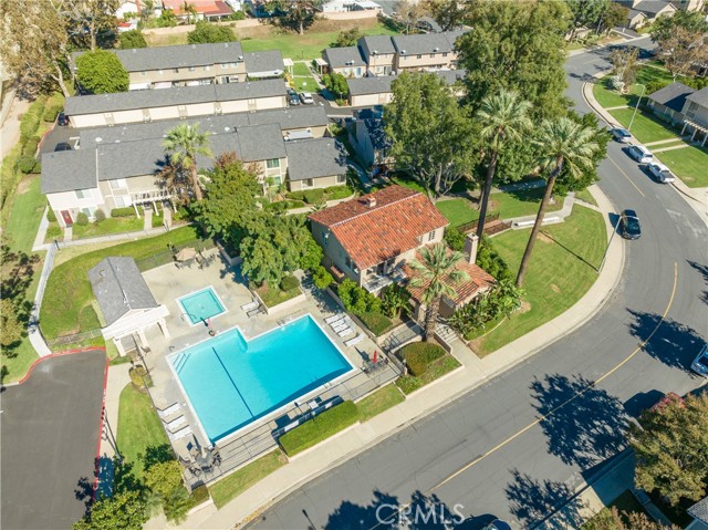 Drone photo of one of the two swimming pools in the complex.