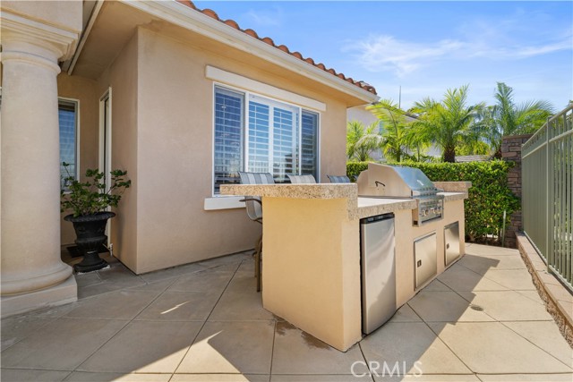 BBQ bar right outside the kitchen with grill, new fridge and storage space.