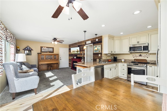 View through kitchen into living area.