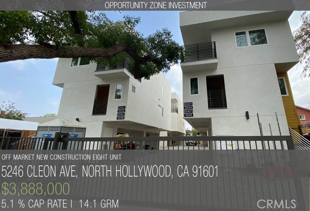 5246 Cleon Avenue North Hollywood, California CLEON 8 - NOHO ARTS DISTRICT NEW CONSTRUCTION EIGHT UNIT -
CofO issued, Green Certified, and located in the highly coveted North Hollywood Arts District. This non-rent-controlled luxury complex is comprised of four duplexes, totaling eight townhouse style units, each separately metered for all utilities, with private laundry rooms and two parking spaces. The property is complete with drought tolerant landscaping, as well as energy efficient building materials, appliances and fixtures presenting the buyer with a low maintenance, environmentally friendly property.
Where this property stands out against much of the other new construction in the area is the stable and sustainable income of two-bedroom units. Whereas most new construction properties on the market promote lofty cap rates due to multiple roommates renting by the room, sharing up to five bedrooms in a unit with only two parking spaces, Cleon 8 takes the historically proven model of all two-bedroom units each with two parking spaces. This means one parking space for every bedroom in the development, far less congestion, and simple rent collections. As such Cleon 8 will see much lower turnover, lower maintenance, and higher value than a rent-by-room approached used on high bedroom count units. This property is now turn-key and ready for purchase during lease-up. Please contact us regarding this opportunity or one of the seller’s many other similar developments throughout Los Angeles.