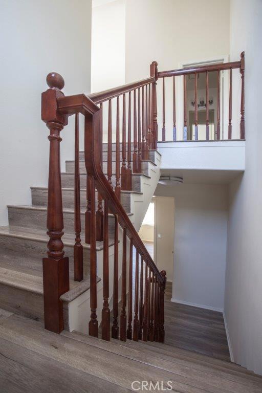 Newly stained railing was done by master craftsman. No small task (don\'t try this at home)