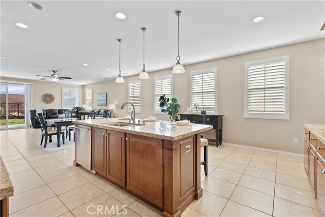 Kitchen with pendant lighting.