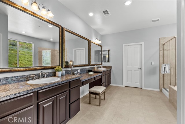 primary bath with dual sinks and vanity