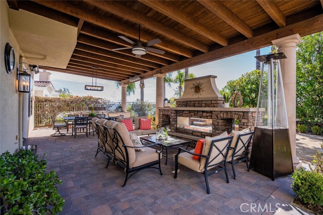 Close up of patio space and fireplace