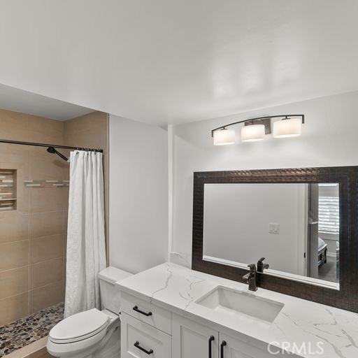 Downstairs Bathroom, Custom Cabinets, Plaster Walls, Quartz Counters, Tile Shower