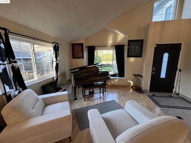Living room featuring wood finished floors, a textured ceiling, and vaulted ceiling