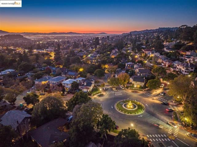Aerial view at dusk of a residential view and a mountain view