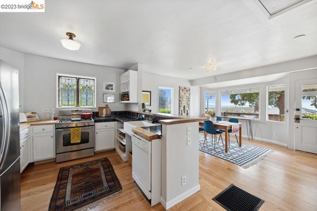 Kitchen looks out to the bay.