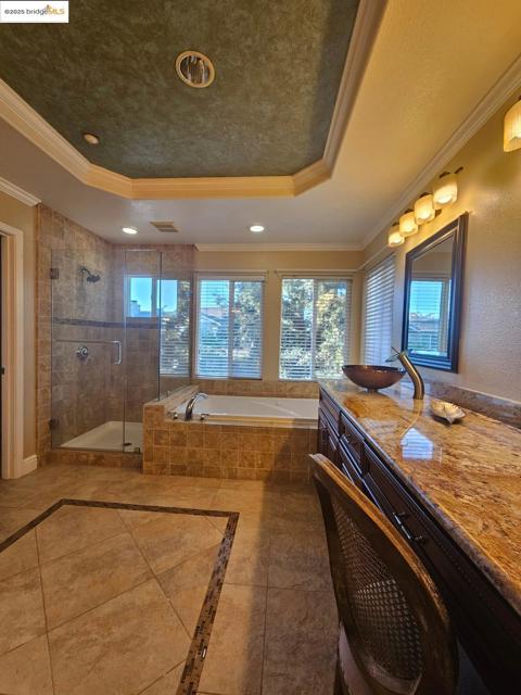 Full bath with ornamental molding, a tray ceiling, a garden tub, vanity, and a stall shower