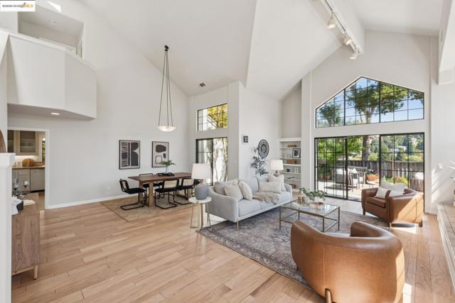 Living room featuring high vaulted ceiling, track lighting, and light wood finished floors