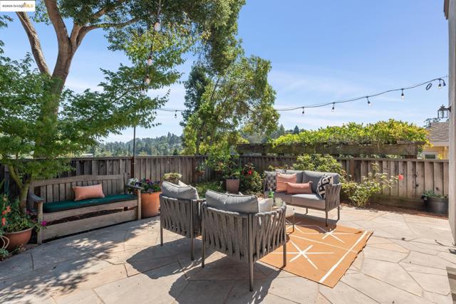 Fenced backyard with an outdoor hangout area and a patio