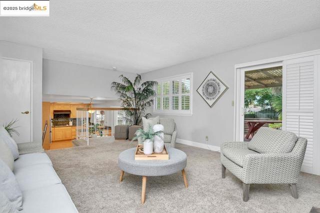Living area with a textured ceiling and light carpet