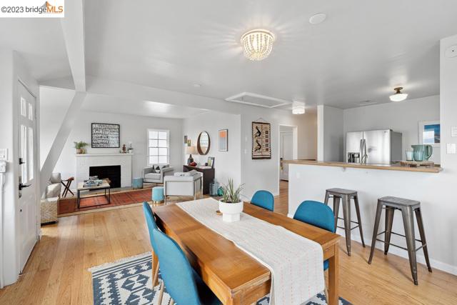 Dining area features a breakfast bar.