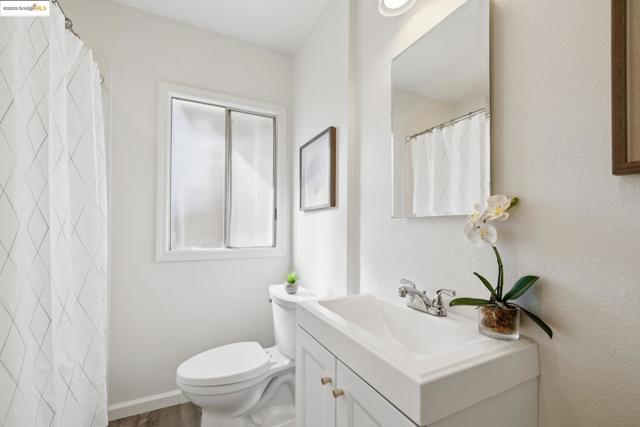 Bathroom with vanity, curtained shower, and wood finished floors