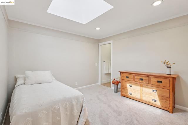 Bedroom featuring light carpet, a skylight, ornamental molding, and recessed lighting