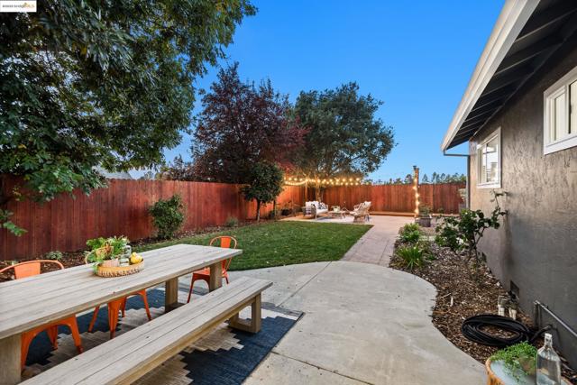 Fenced backyard featuring a patio and outdoor dining space