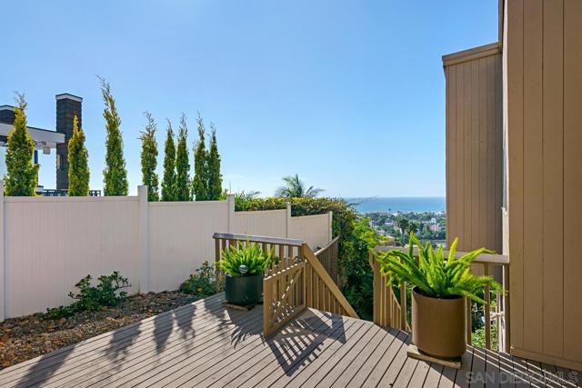 Deck off of kitchen and guest house leading to side yard and easement.