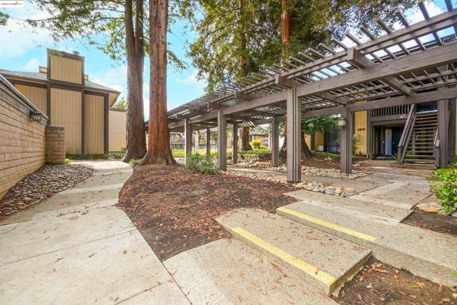 View of yard featuring a pergola and stairs