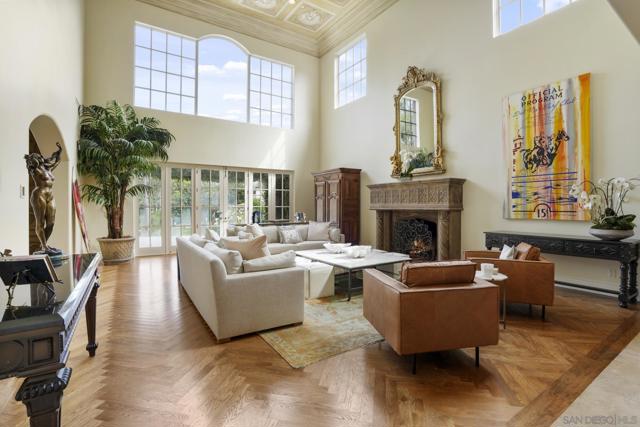 Amazing 2 story ceiling with boxed beam details.