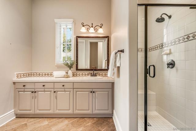 Ensuite bath for the downstairs guest bedroom featuring a spacious vanity, walk-in shower, and walk-in closet.