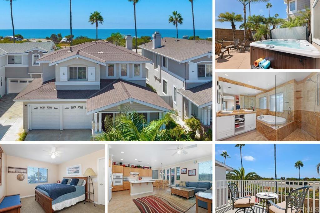 Ocean View & Walkable Fully Equipped Beach Home  - Cozy long-term getaway or convenient temporary relocation in gated community. Walk to beach, coaster station, dining, shopping & more. 1st-FLOOR: living, dining & family room with fully equipped kitchen & 1/2 bath. 2nd-FLOOR: 3 bedrooms, 2 full baths. Master with ocean view, adjustable cal-king, view balcony, Jacuzzi tub, rain shower head, & walk-in closet storage. Dedicated workstations. Backyard hot tub, with extra seating & BBQ. Neighborhood: basketball, pickle-ball, volleyball, playground. Advertised price reflects current month, inquire for seasonal rates and availability. 30 day minimum lease length required.