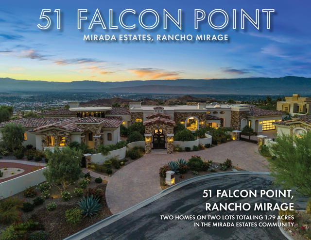 This lavish 8,825 sq. ft. custom estate is nestled on 1.79 acres in the highly exclusive Mirada Estates community. This stunning property features two homes, amounting to six luxurious bedrooms and eight bathrooms, providing ample living space for comfort and privacy. With a detached 8-car garage and a 2-car attached garage. The infinity pool invites you to swim in luxury, accompanied by breathtaking views of the expansive valley below. The floor-to-ceiling moving glass wall systems that seamlessly blend indoor and outdoor living offers panoramic views of scenic Santa Rosa Mountains and the shimmering cityscape below. The estate boasts ''his and hers'' wings with two primary bedrooms, each featuring their own lavish closets and bathrooms, and a built-in sauna for the ultimate relaxation experience. In addition to the grand estate, the property includes a delightful smaller home, featuring two spacious bedrooms, living room, and kitchen area.  Located in the exclusive Mirada Estates, adjacent to the Ritz Carlton Rancho Mirage, this small enclave offers a wealth of benefits. Residents enjoy significant discounts at the Ritz Carlton restaurants, as well as access to luxurious amenities, premium catering services, and accommodations, all at reduced rates. The 24-hour guard-gated community ensures privacy and security, while breathtaking 360-degree views of the Coachella Valley and stunning desert landscapes and wilderness surround you.