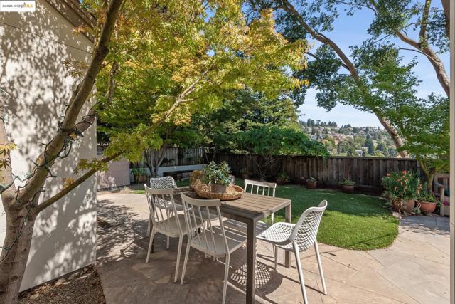 Fenced backyard with a patio and outdoor dining area