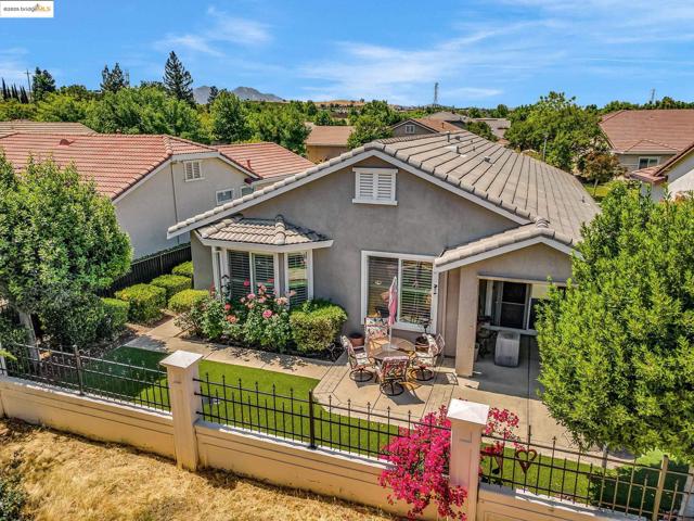 Back of house with a fenced front yard, stucco siding, a patio area, a tiled roof, and a residential view
