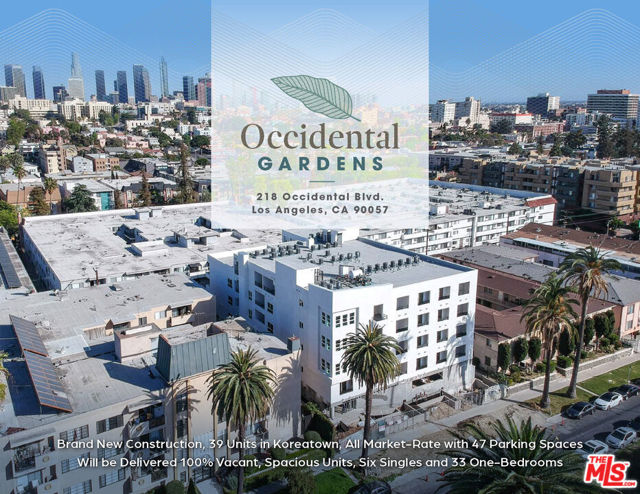 218 S OCCIDENTAL Boulevard Los Angeles, California Occidental Gardens is a five-story, 39-unit brand new construction apartment building located just north of W 3rd St, walking distance to prime Koreatown. Located in one of the most coveted submarkets in all of Los Angeles, this is a prime opportunity for an operator to purchase a brand-new asset and lease the units at market rates immediately. All 39 units are market-rate units with no affordable housing requirements. Construction is set to be completed and the certificate of occupancy is scheduled to be issued in late-2022 and the property will be delivered 100% vacant at the close of escrow.Occidental Gardens is a unit mix made up of six singles and 33 one bedrooms. The units all have spacious, open layouts with singles ranging from 614-645 SF and one-bedrooms ranging from 820-1,710 SF. Additionally, there are two levels of parking totaling 47 spaces, giving an investor the opportunity to collect income from the excess parking spaces. The units have been meticulously constructed with vinyl flooring, stacked washers and dryers, stainless steel appliances, recessed lighting, and modern bathrooms and kitchens. Additionally, each unit features either a patio or balcony. There is also a recreation room on the fifth floor for residents' enjoyment.The subject property is situated in an ideal neighborhood with easy access to prime Koreatown and a short commute to Downtown Los Angeles. The strong rental submarket continues to increase year-over year illustrated through the plethora of new developments of all product types within a few miles. The subject property has a walk score of 90 and is within walking distance to multiple metro local line stops on W 3rd St and in close proximity to the metro red and purple lines.