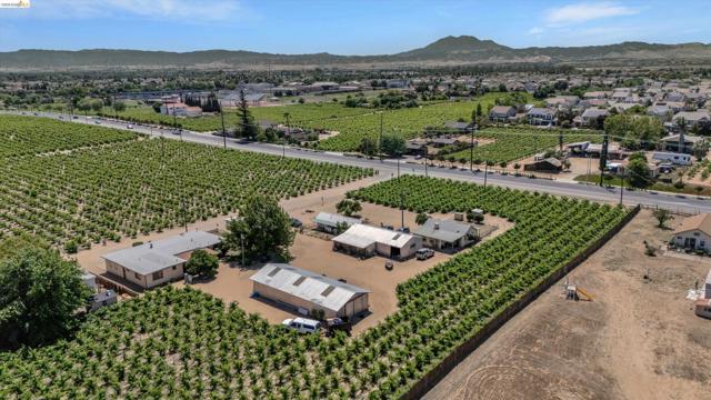 Aerial perspective highlighting multiple structures situated within extensive rows of cultivated crops