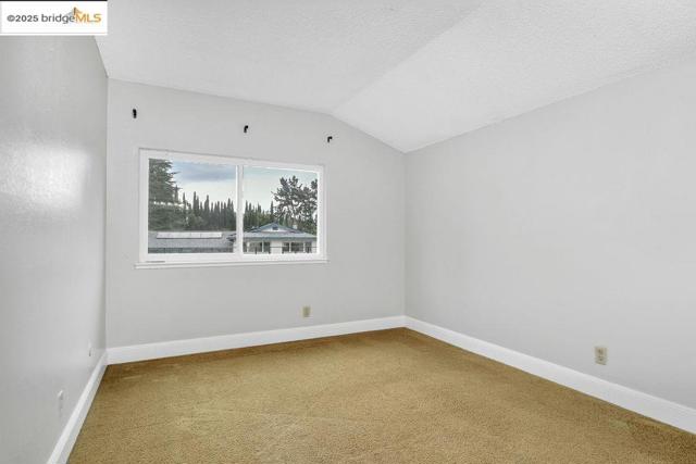 Carpeted empty room featuring lofted ceiling and a textured ceiling