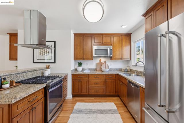 Kitchen featuring stainless steel appliances, brown cabinetry, light wood-style floors, and island exhaust hood