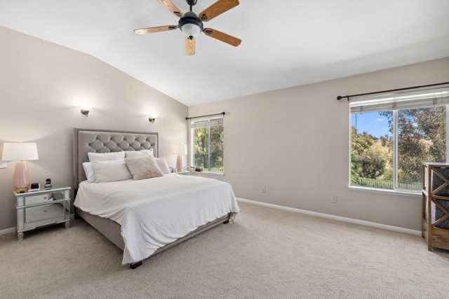 Large primary bedroom with vaulted ceiling and privacy with no neighbors in the back.