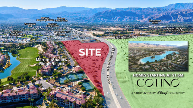 Across from Cotino, a Disney Storyliving luxury mixed use community development with homes, hotel, shopping, dining, entertainment and a 24-acre Crystal Lagoon. Adjacent to Marriott Shadow Ridge Golf Resort with 424 units plus 93 recently approved single family homes. Infill Commercial Development Site in the heart of the Coachella Valley adjacent to Marriott Shadow Ridge Golf Resort. Exposure with nearly 1/2 mile of frontage on Monterey, one of the most traveled thoroughfares in the Coachella Valley. Located near Sunnylands, the renowned Presidential Retreat and Cultural Center, and Mission Hills Country Club, home of the Dinah Shore LPGA Golf Tournament. *Brochures can be downloadable in the 'Document' tab.