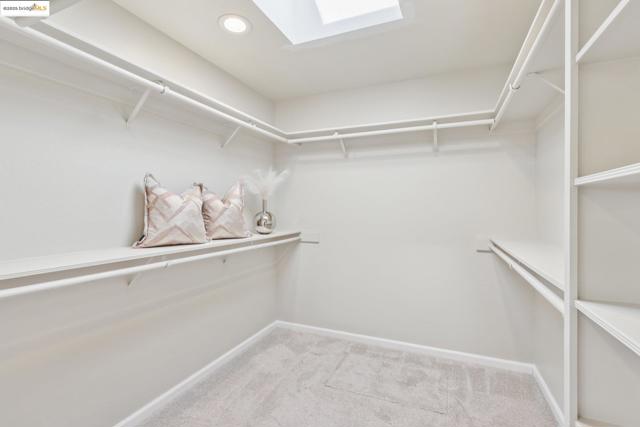 Spacious closet featuring light colored carpet and a skylight